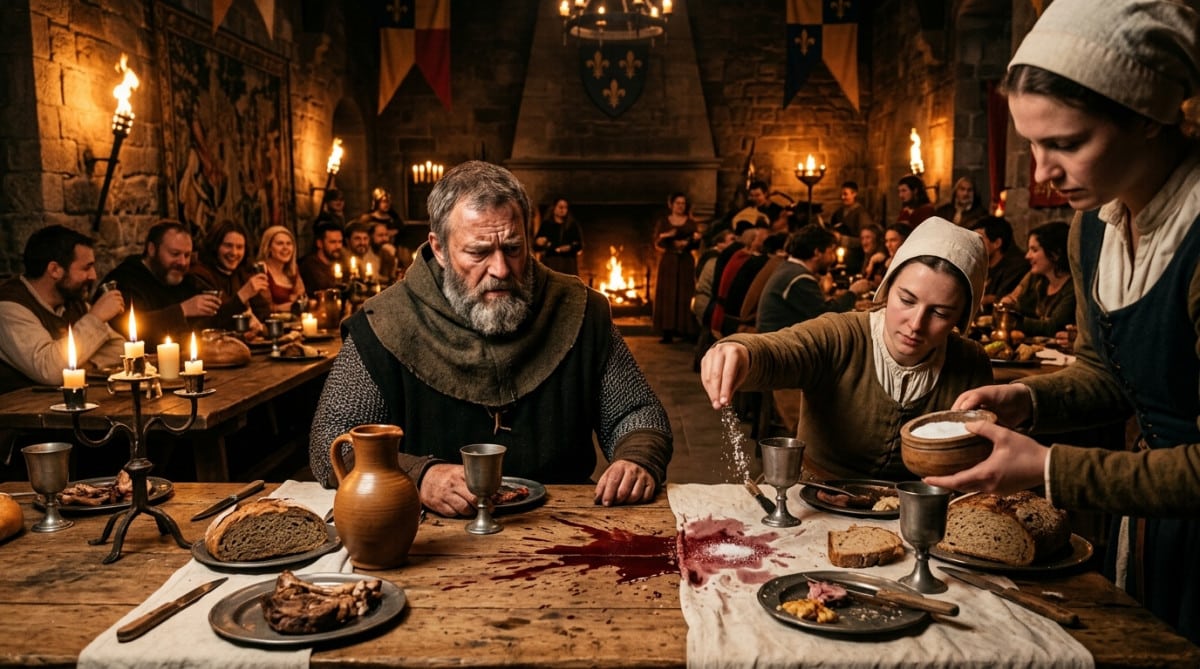 Banquet médiéval avec du sel jeté sur du vin renversé