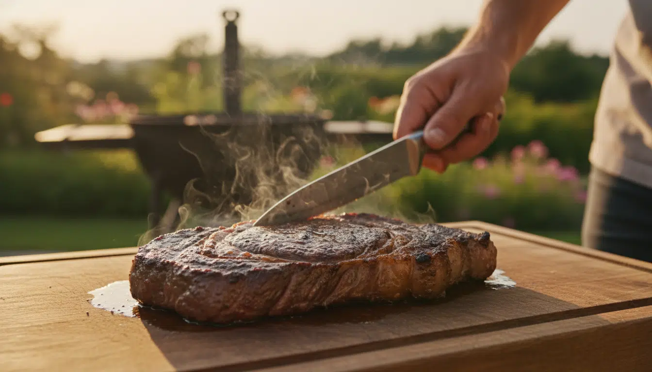 Steak grillé au repos sur une planche en bois