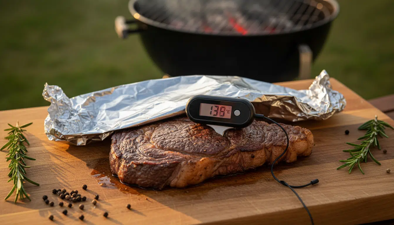 Côte de bœuf couverte d'aluminium en tente après cuisson