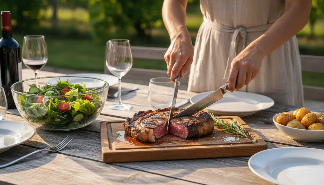 Découpe d'un steak reposé juteux au barbecue