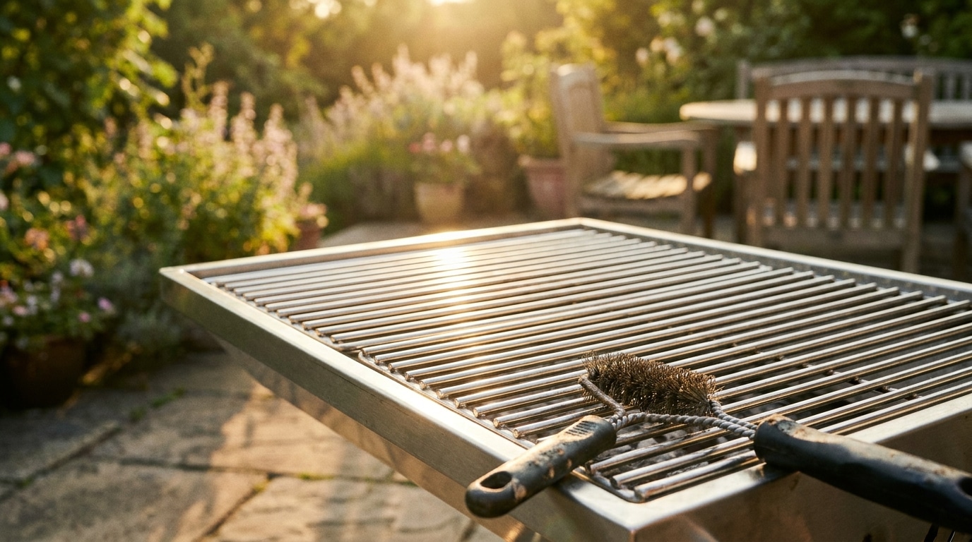 Grille de barbecue propre avec brosse en acier sur terrasse ensoleillée
