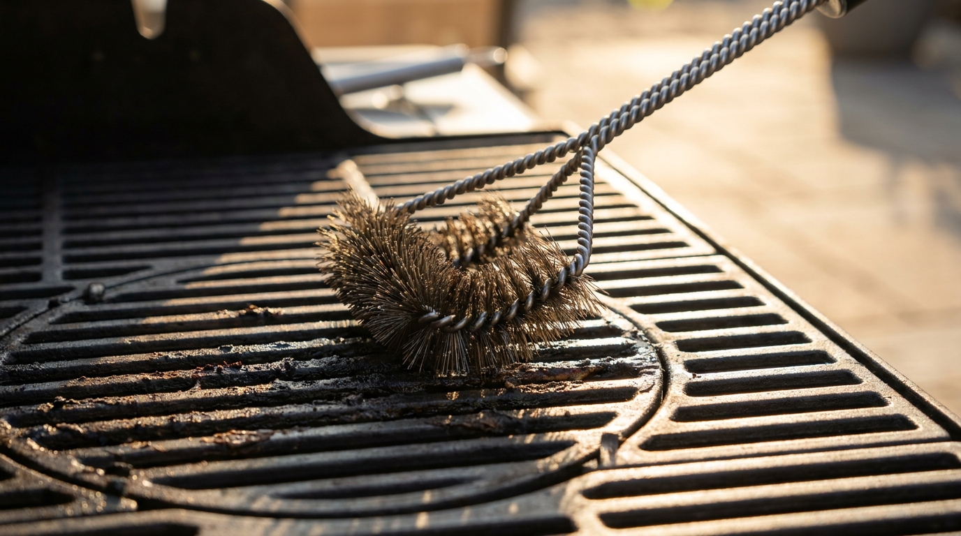 Tête de brosse en acier nettoyant une grille de barbecue encrassée