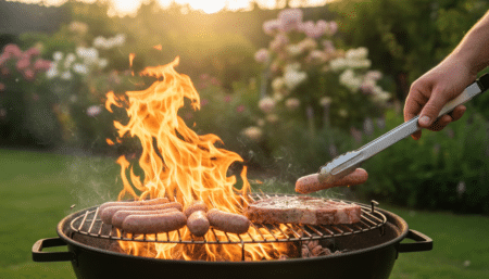 Viande posée sur un barbecue avec flammes vives