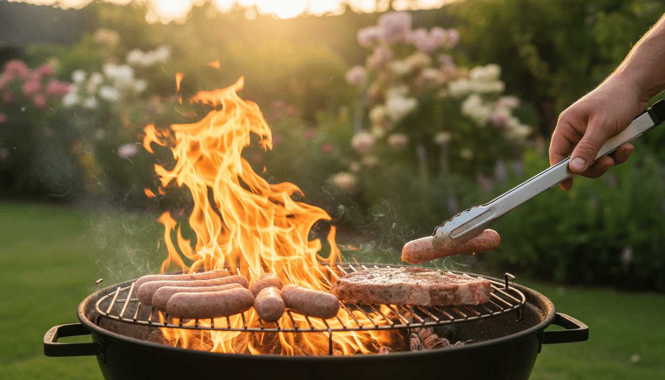 Viande posée sur un barbecue avec flammes vives