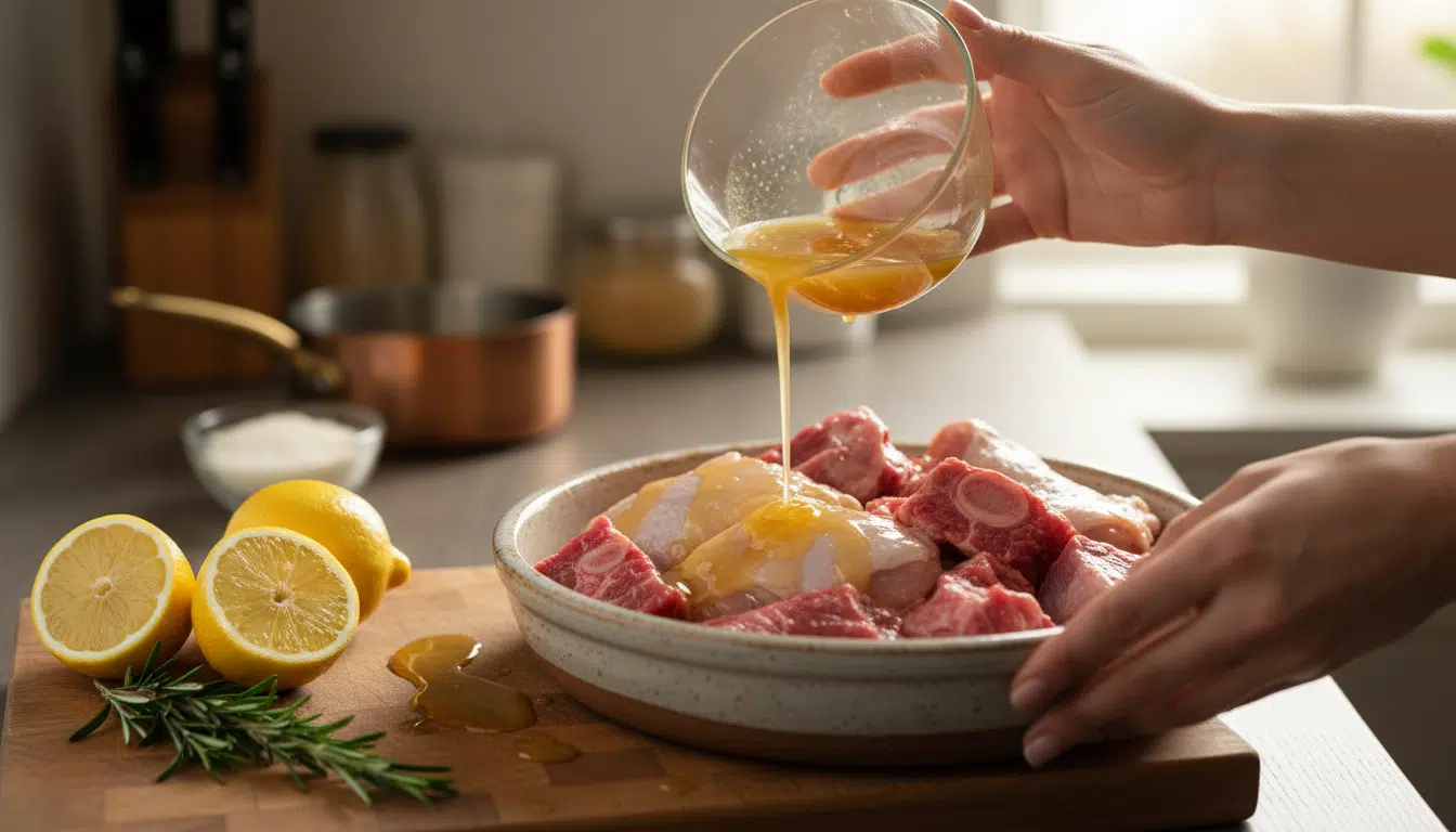 Marinade citron et romarin versée sur de la viande