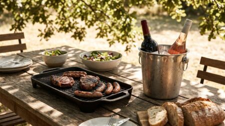Bouteilles de vin rafraîchies près d'un barbecue estival