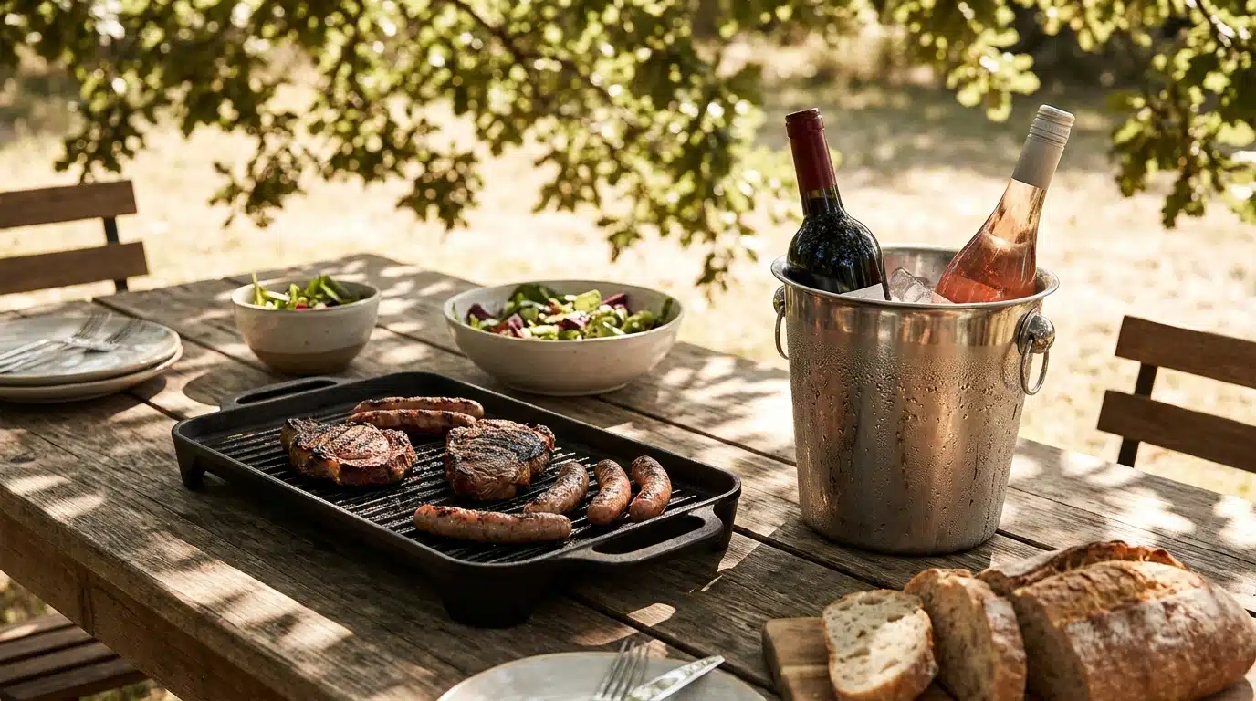 Bouteilles de vin rafraîchies près d'un barbecue estival