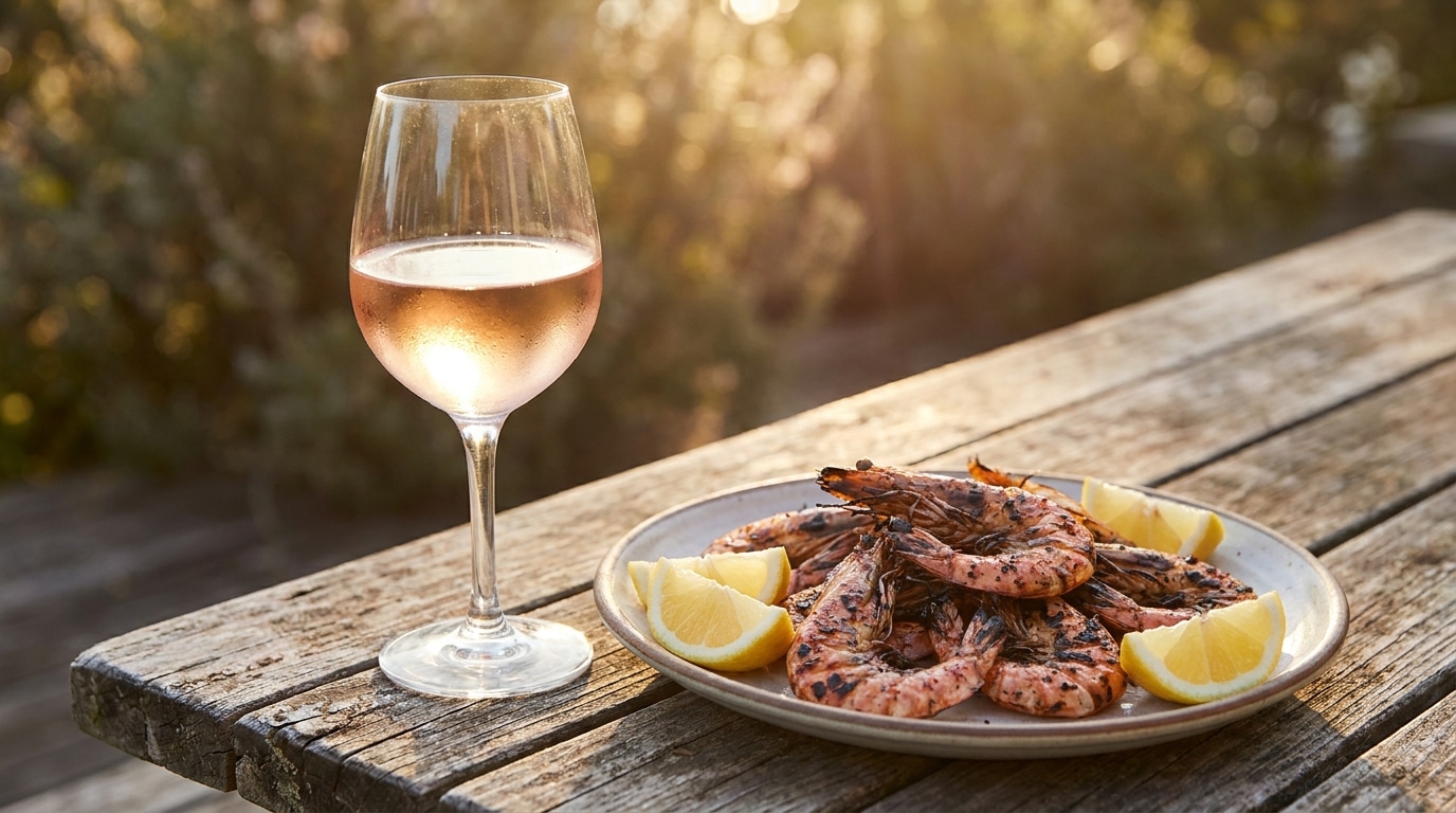 Verre de rosé posé près de gambas grillées