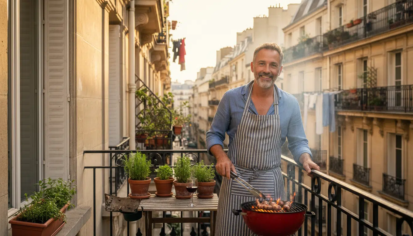 Homme faisant un barbecue sur un balcon en ville