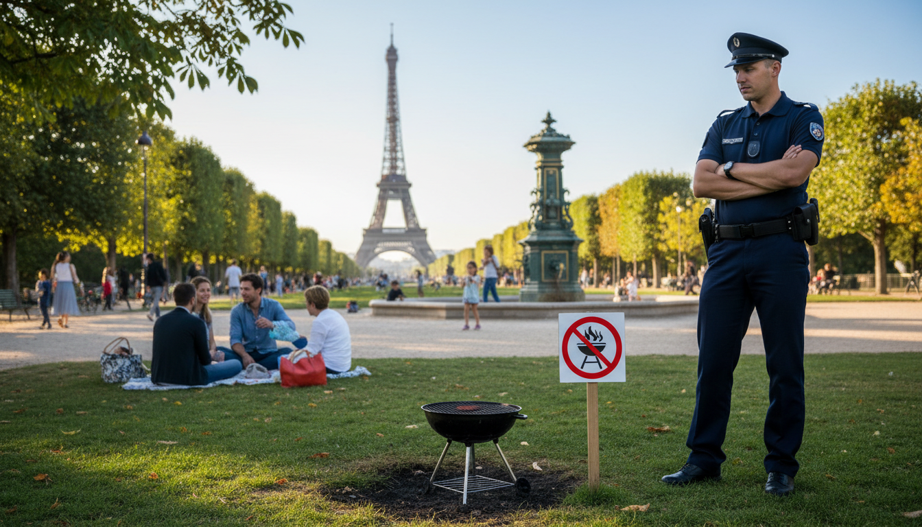 Agent municipal près d'un barbecue interdit dans un parc parisien