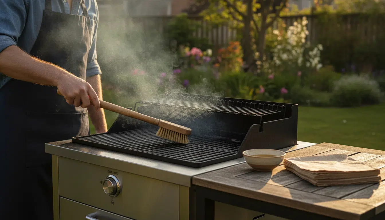 Brossage d'une grille de barbecue chaude avec une brosse en laiton