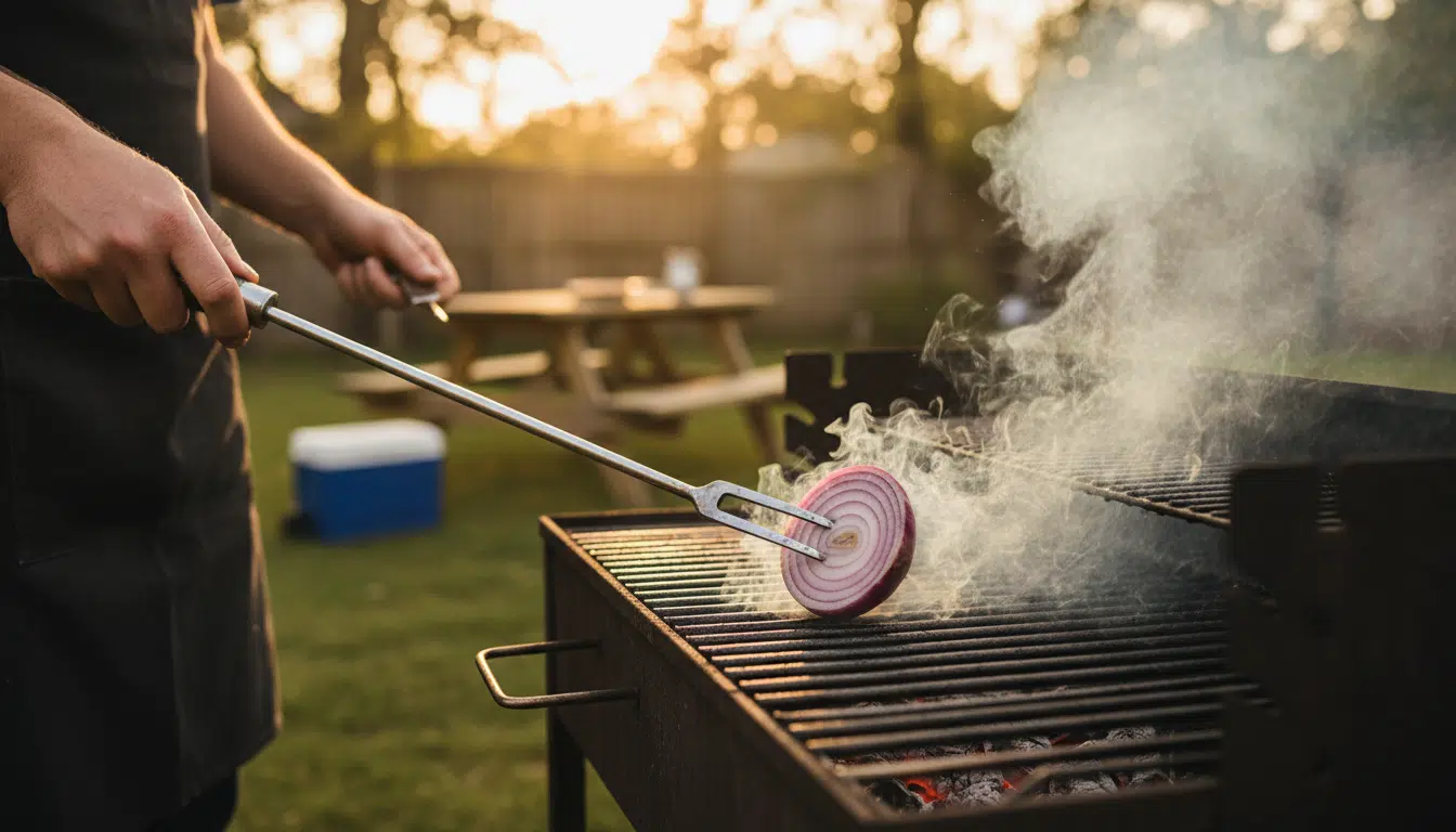 Nettoyage d'une grille de barbecue avec un demi-oignon
