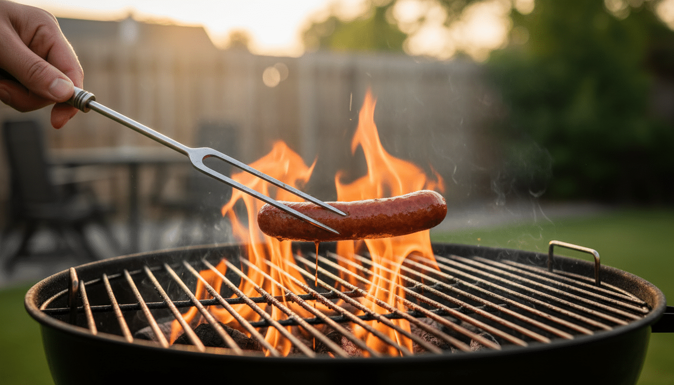 Fourchette piquant une merguez sur un barbecue au charbon