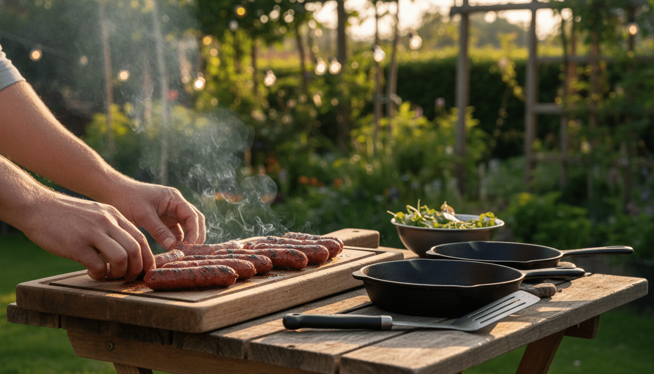 Merguez au repos sur une planche en bois après cuisson