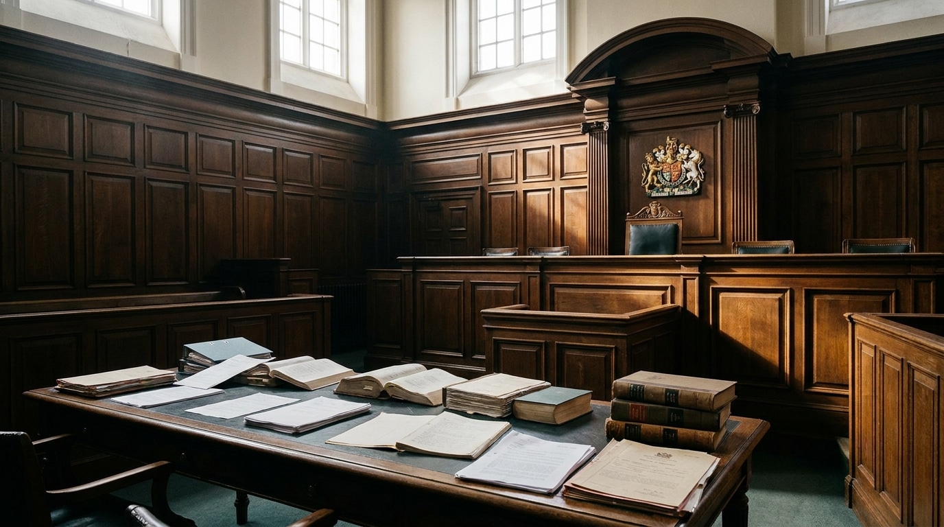 Intérieur d'un tribunal avec banc de juge et boiseries sombres