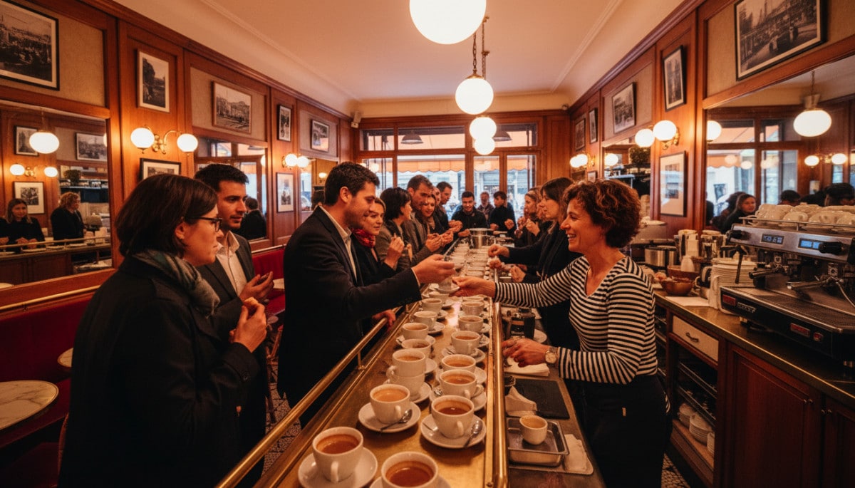Barista française servant des cafés au comptoir