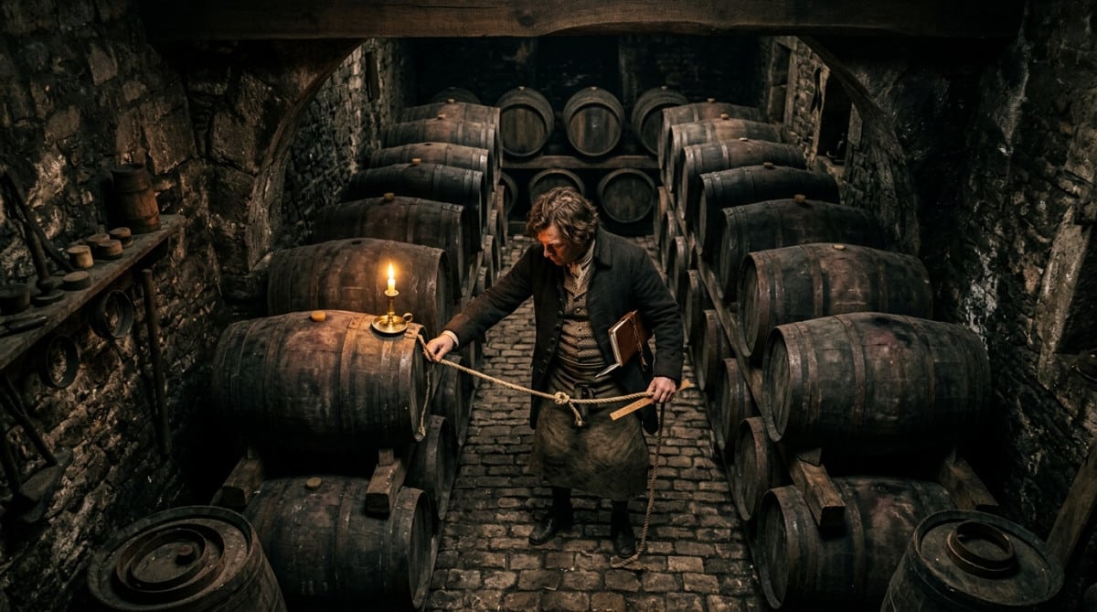 Barriques de vin dans une cave historique