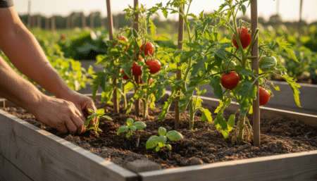 Mains plantant du basilic à côté de plants de tomates au potager