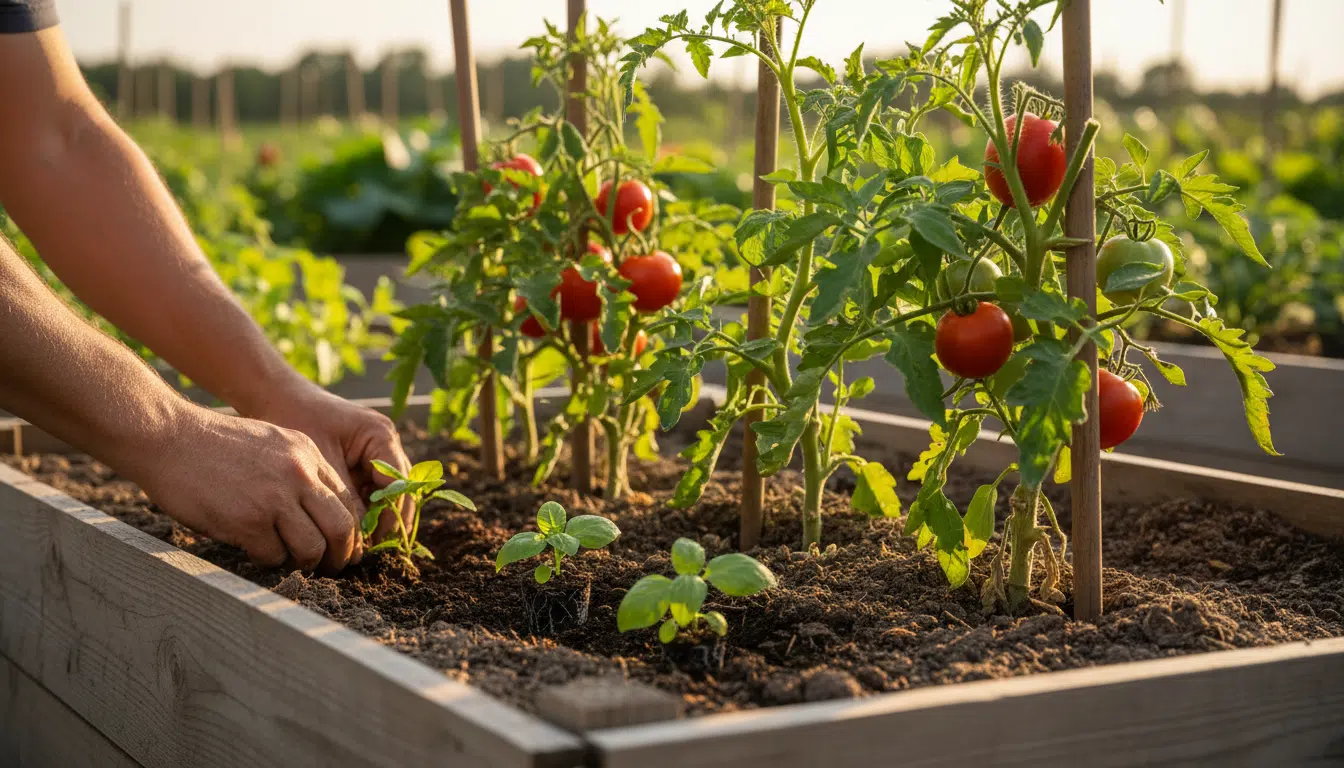 Mains plantant du basilic à côté de plants de tomates au potager