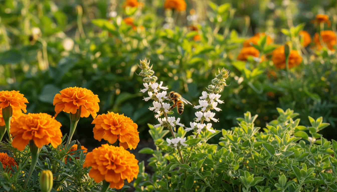 Œillets d'Inde et fleurs de basilic attirant une abeille au jardin