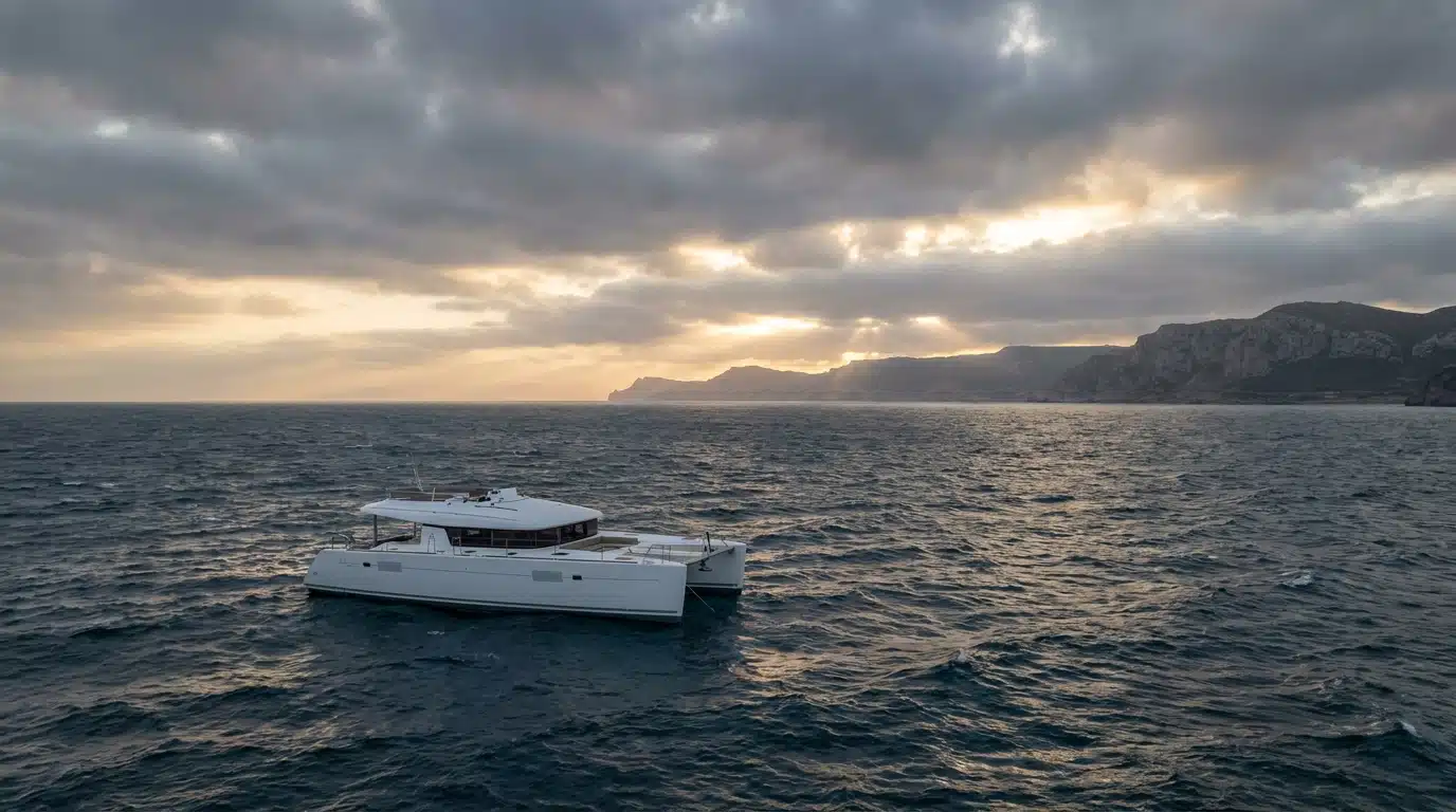 Catamaran vide dérivant sur une mer agitée à l'aube
