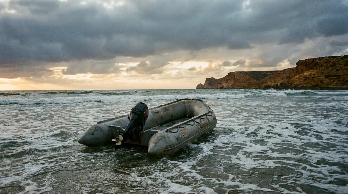 Canot pneumatique vide flottant sur des vagues au large du Maroc
