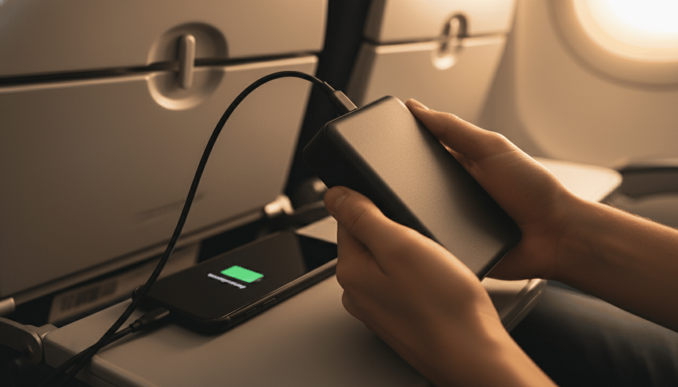 Batterie externe tenue en main dans un avion