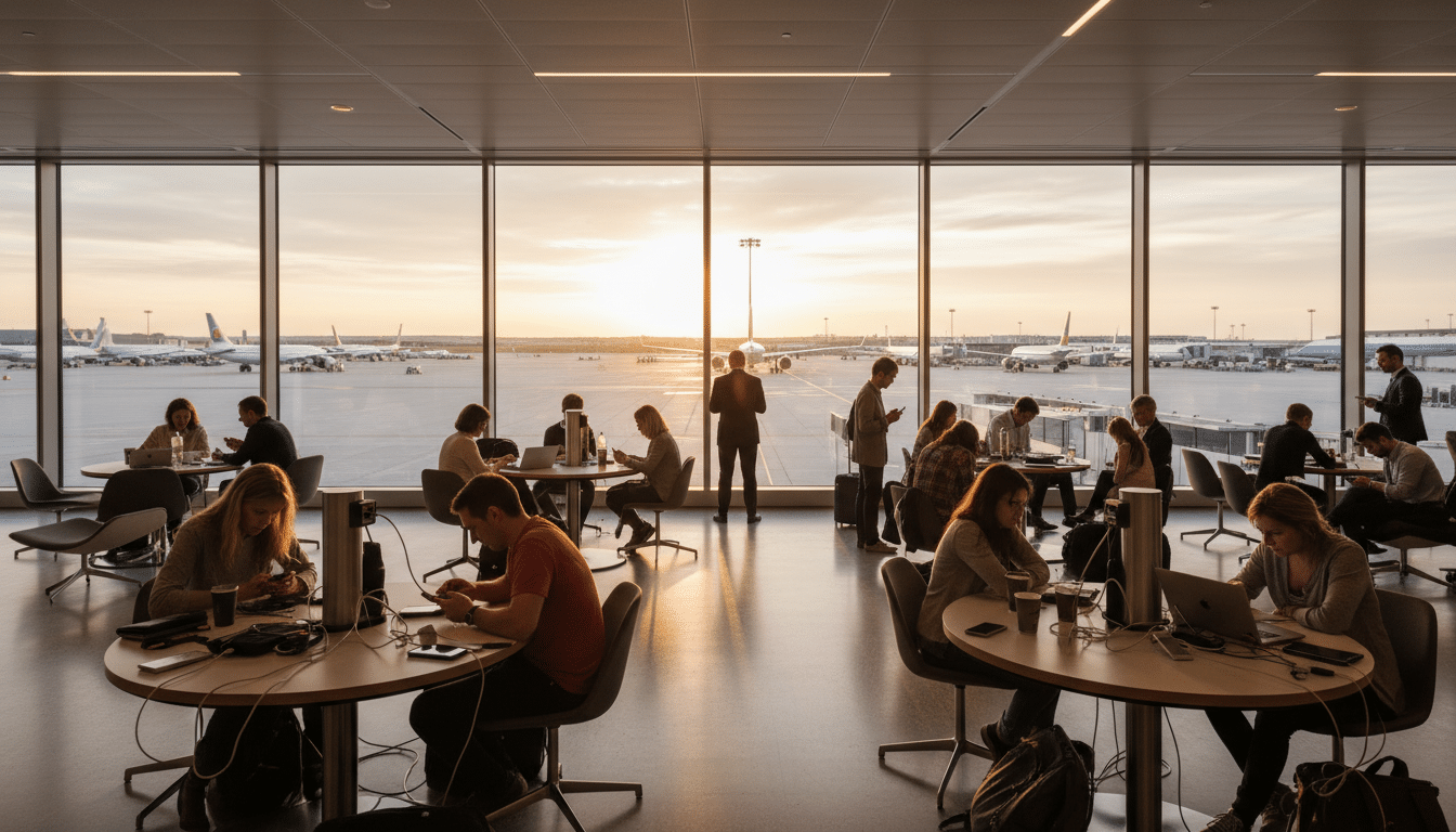 Voyageurs rechargeant leurs appareils dans un aéroport au Japon