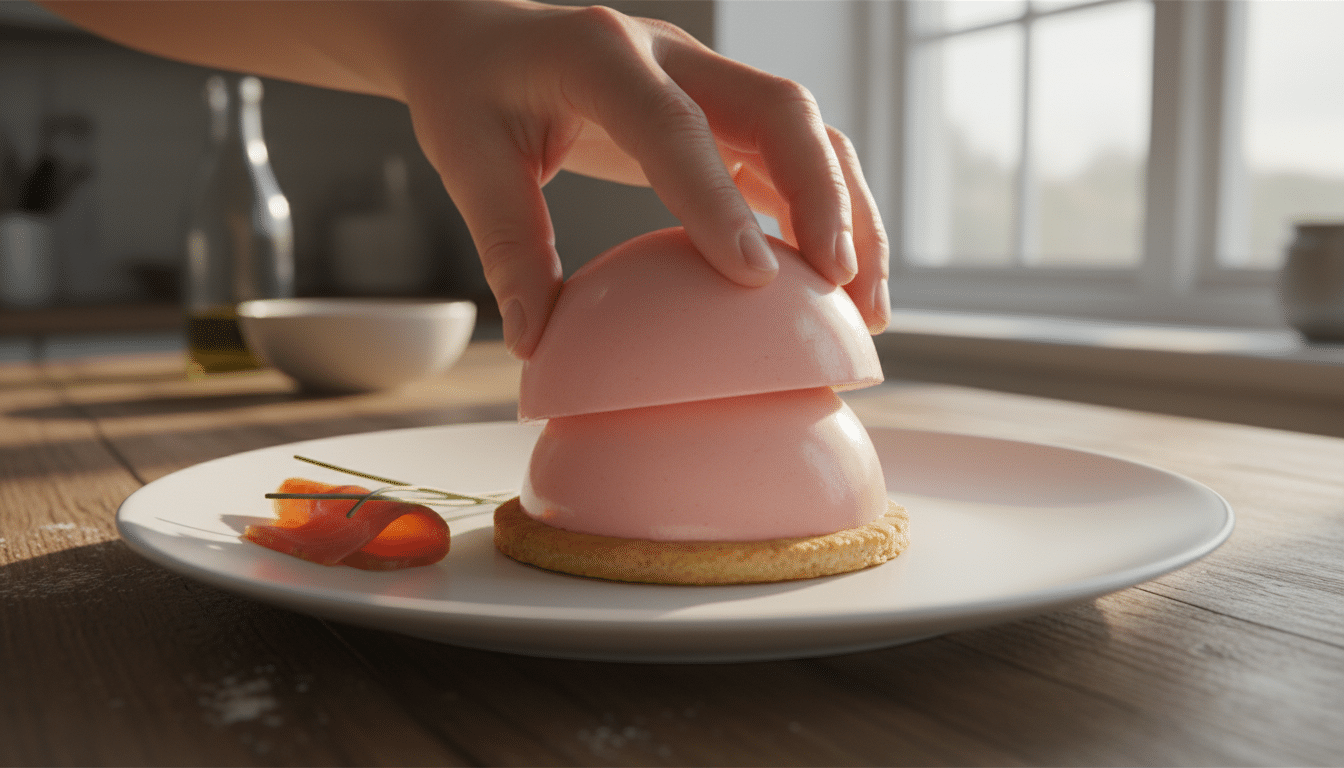 Démoulage d'un bavarois de tomate sur biscuit parmesan