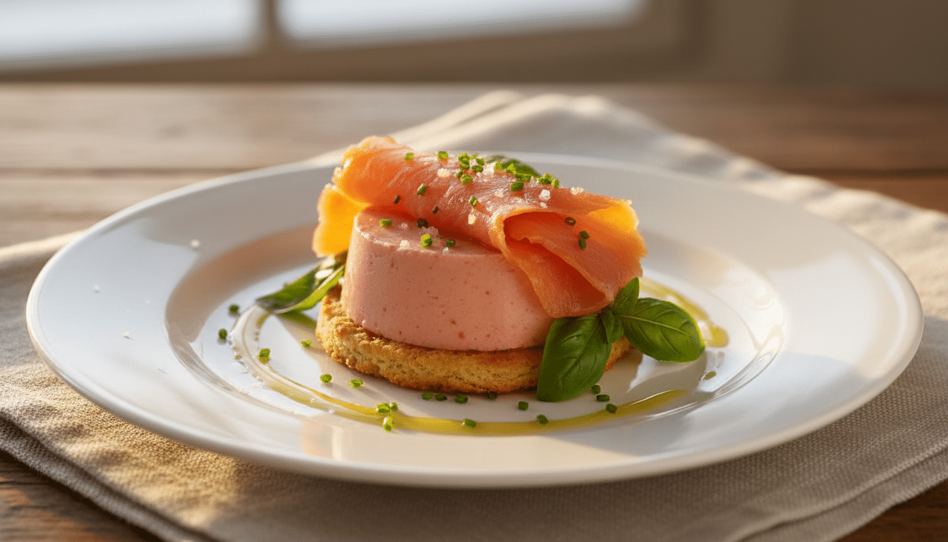 Assiette de bavarois tomate garni de truite fumée et herbes fraîches