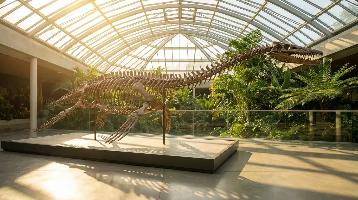 Squelette fossile de plésiosaure exposé sous verrière dans un zoo