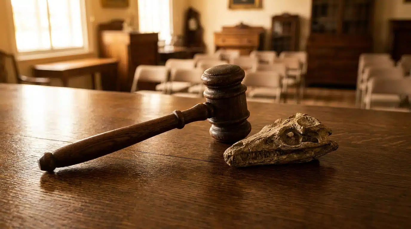 Marteau de commissaire-priseur posé près d'un fossile marin