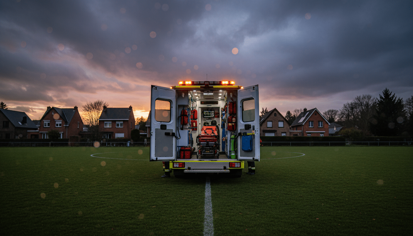 Ambulance portes ouvertes sur un terrain de sport en Belgique