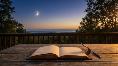 Croissant de lune au-dessus d'un carnet ouvert au crépuscule