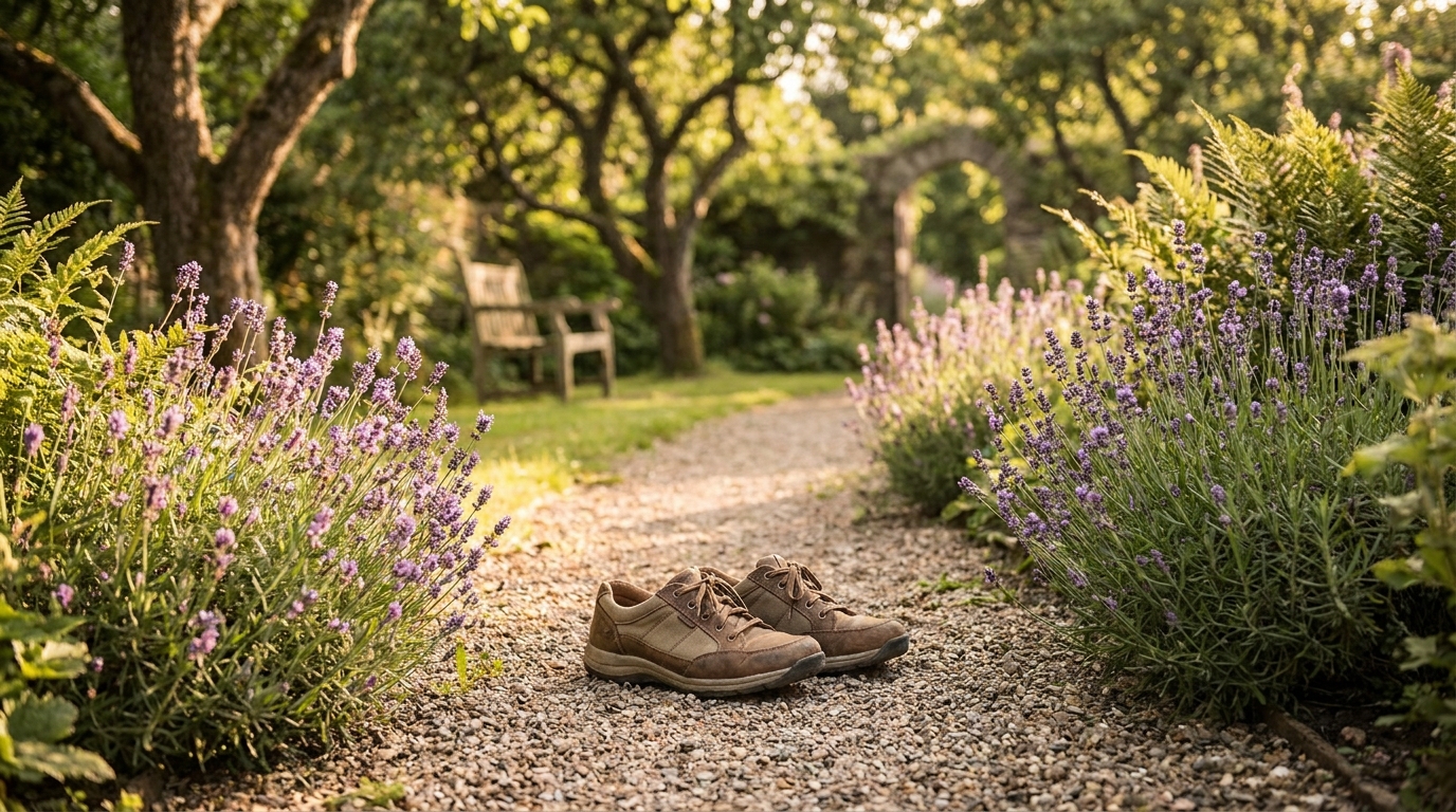 Chaussures de marche sur un sentier de jardin ensoleillé
