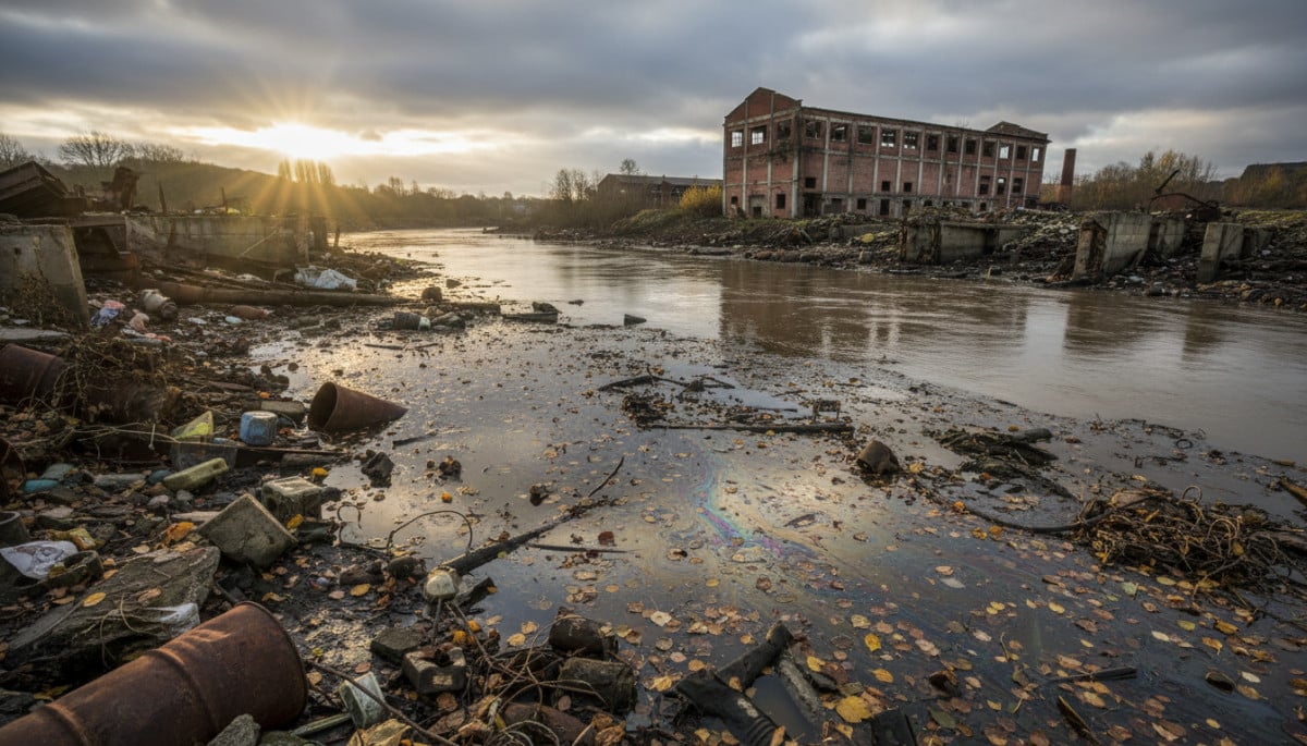Berge de la Sambre avec eau trouble et reflets industriels