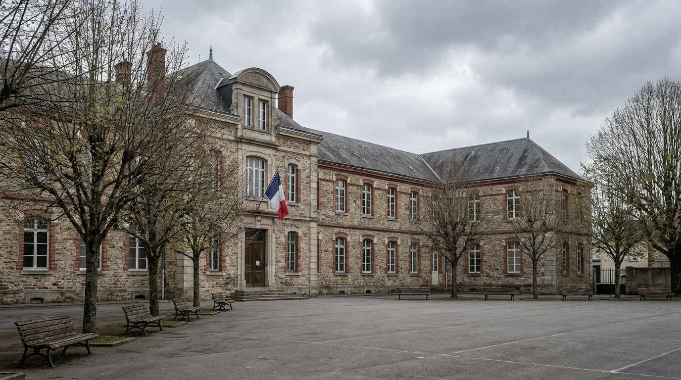 Cour vide d'un lycée français sous un ciel couvert