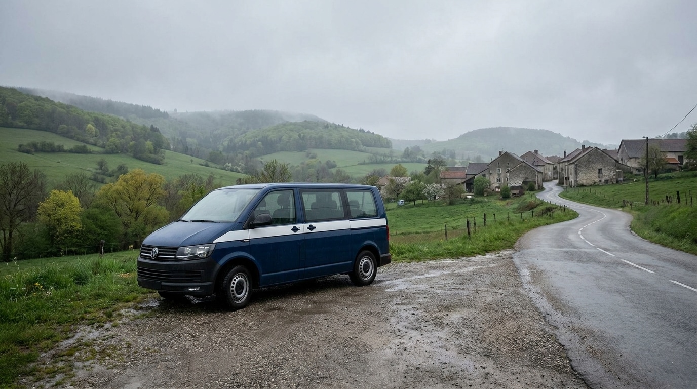 Véhicule de gendarmerie stationné sur une route de campagne dans le Doubs