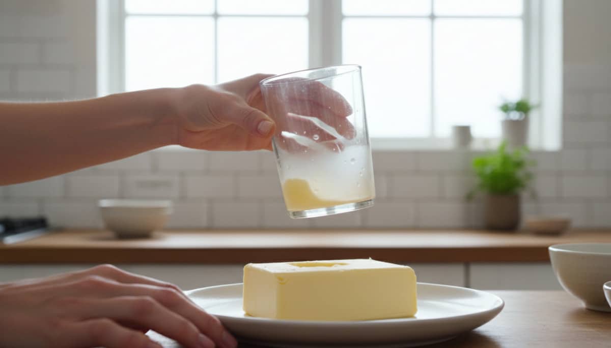 Beurre ramolli sous un verre chaud sur assiette