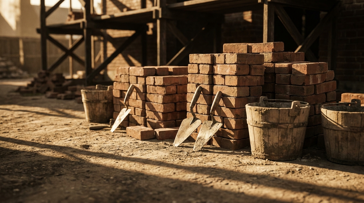 Chantier de construction vintage avec briques et outils de maçon