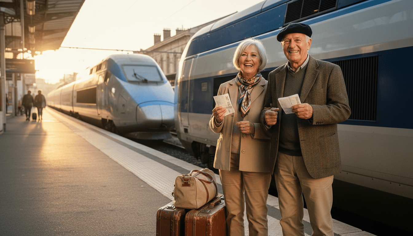 Couple de retraités sur un quai de gare TGV