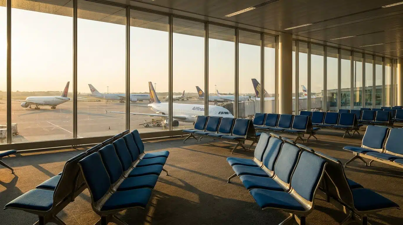 Salle d'embarquement vide face aux avions au soleil couchant