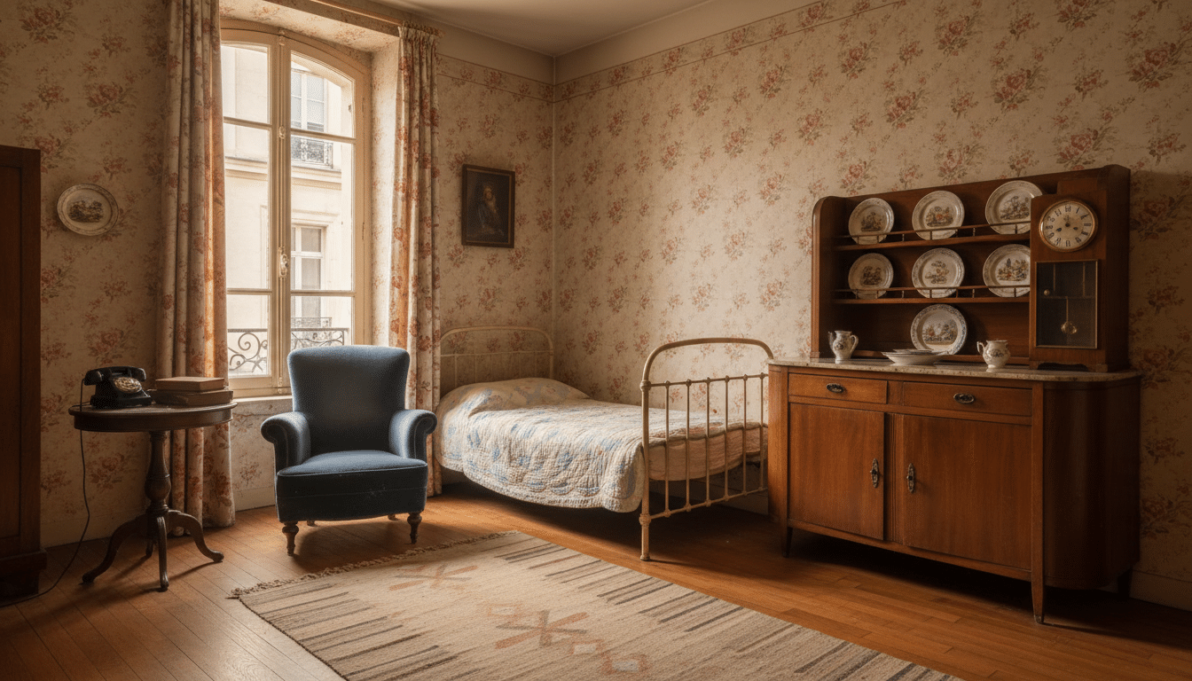 Appartement parisien modeste des années 1940 avec papier peint fleuri et lumière ambrée