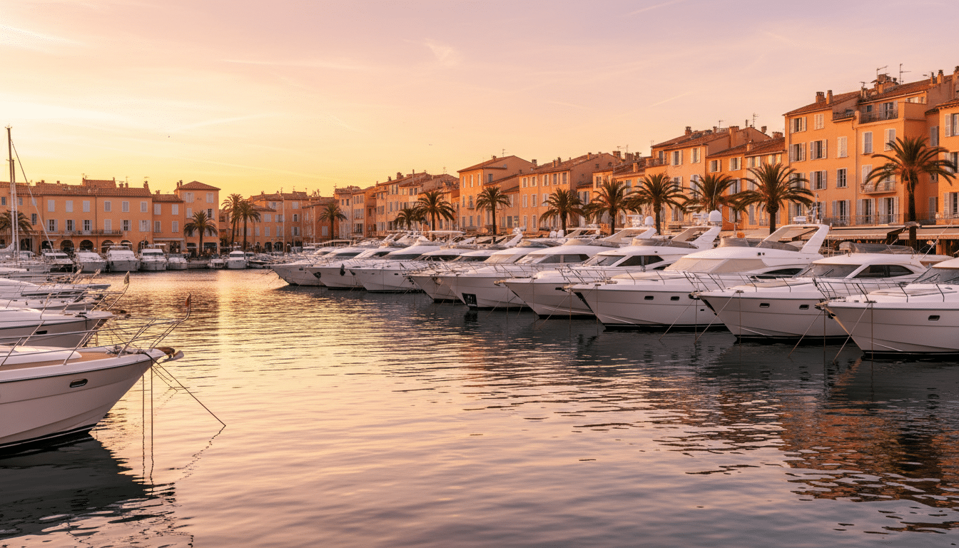 Port de Saint-Tropez au coucher de soleil avec yachts méditerranéens
