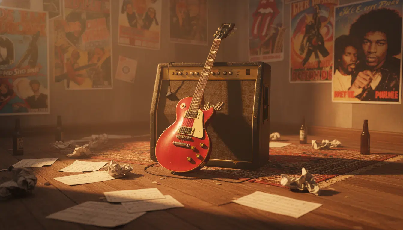 Guitare électrique dans une salle de répétition éclairée à la lumière ambrée