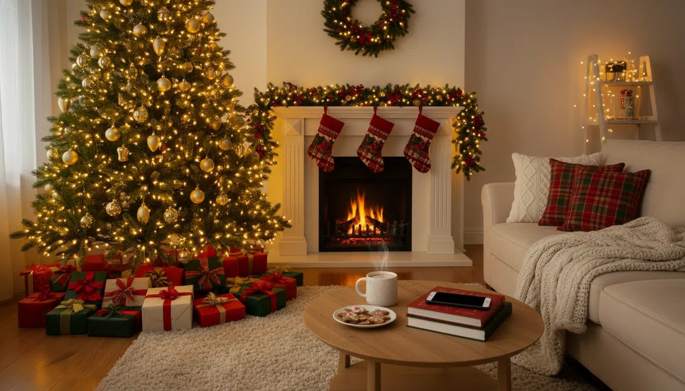 Salon décoré pour les fêtes de Noël avec guirlandes dorées et cadeaux