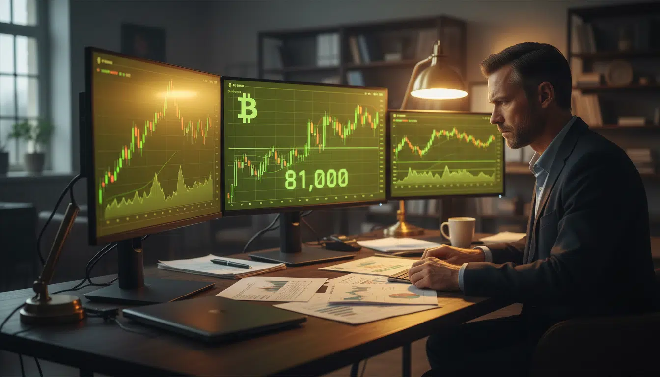 Investisseur surveillant le cours du bitcoin à 81 000 dollars