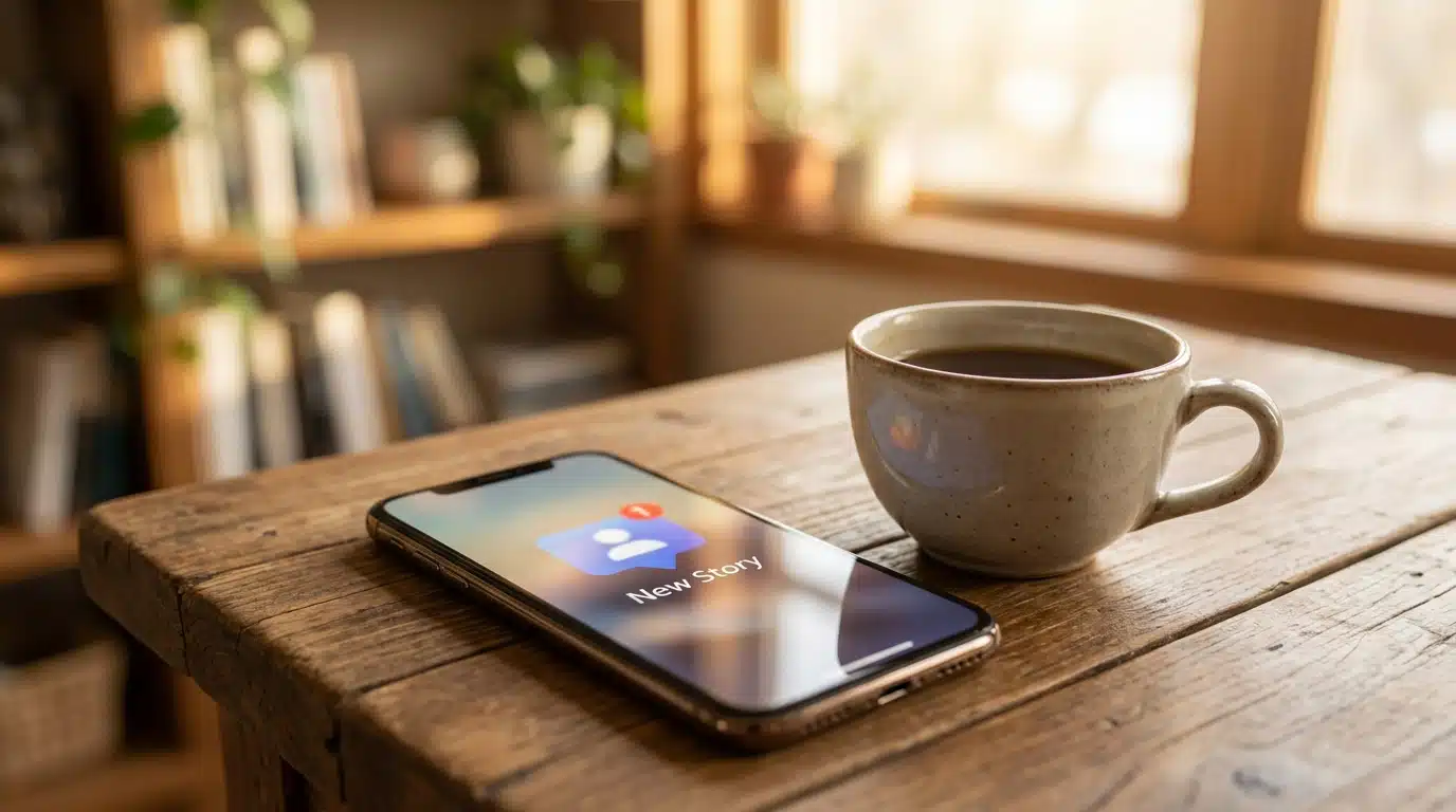 Smartphone posé sur une table en bois à côté d'une tasse de café, affichant une story sur les réseaux sociaux