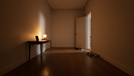Couloir d'appartement sombre avec téléphone posé sur une table