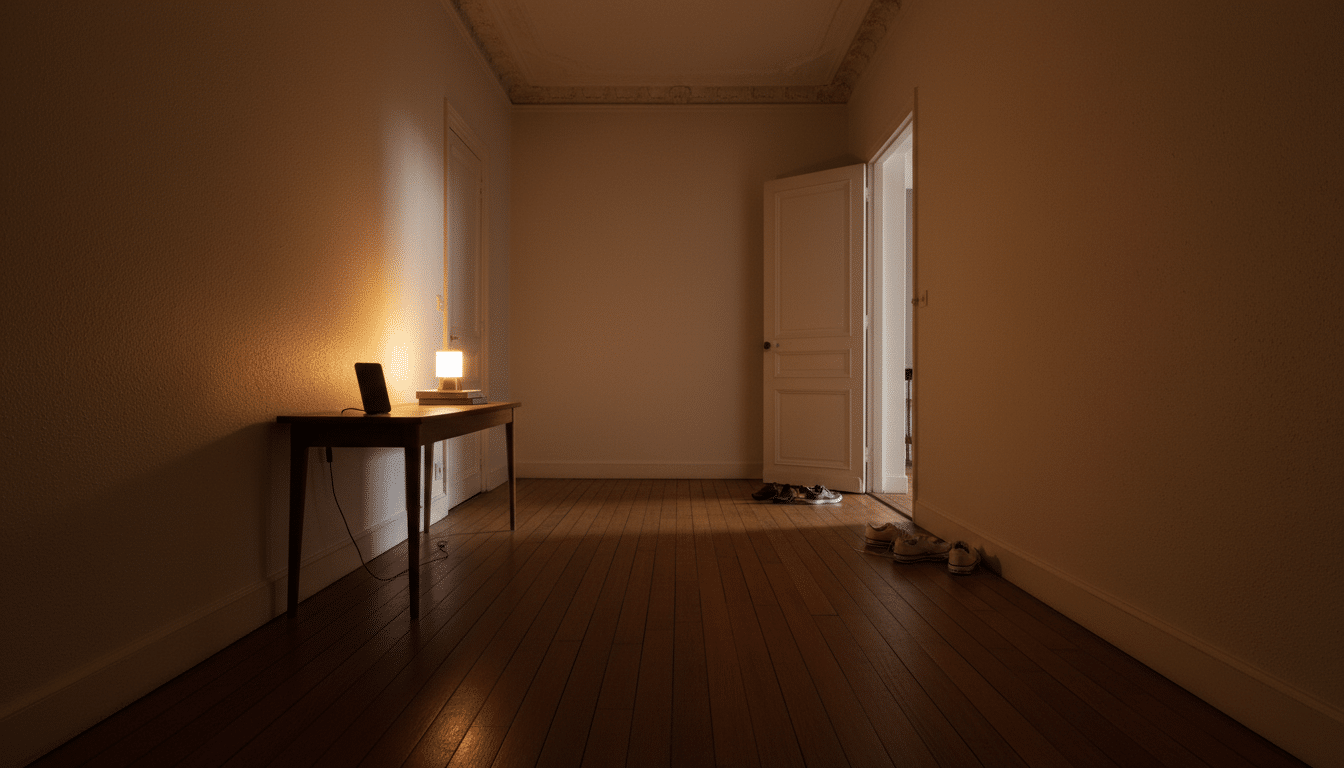 Couloir d'appartement sombre avec téléphone posé sur une table